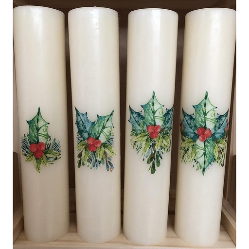 [8437001174546] Juego 4 velas Adviento 4,6x25 cm. Hojas 